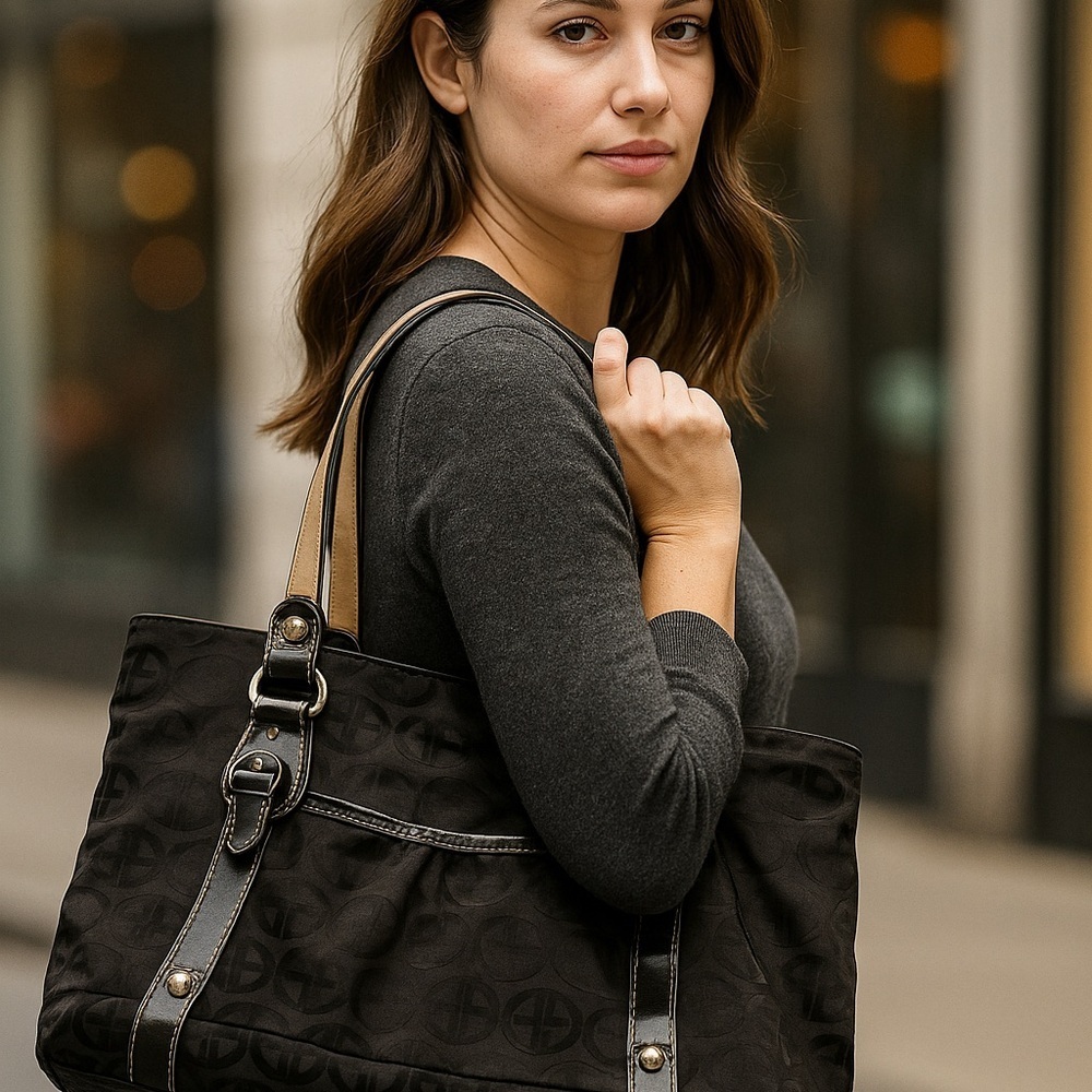 🖤 Giani Bernini Black Logo Jacquard Tote Bag with Patent Trim & Silver Hardware